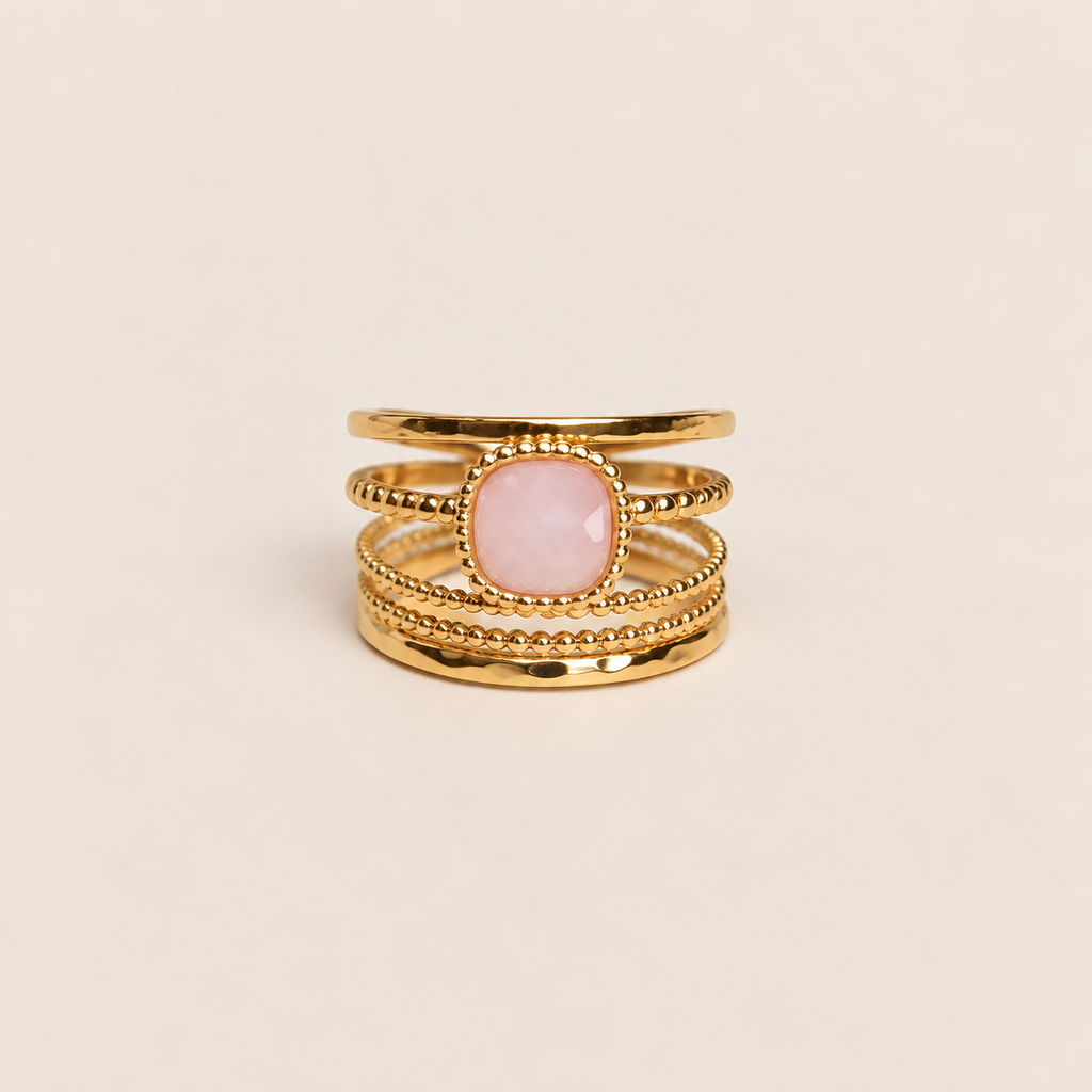Bague Nina rose – Bague dorée quartz rose ajustable acier inoxydable