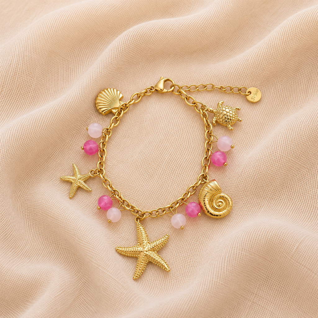 Bracelet breloques roses et étoile de mer