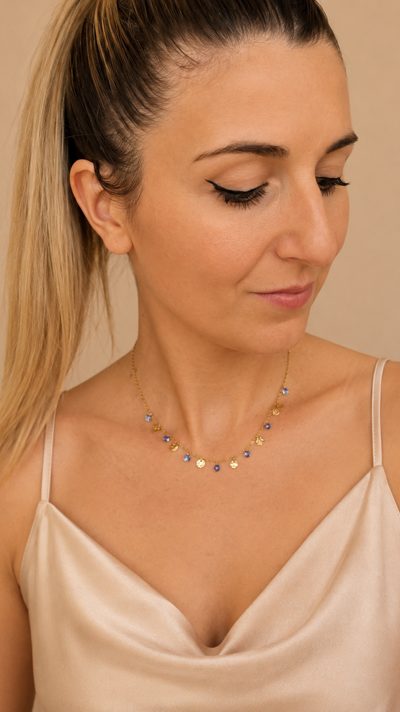 Collier fin pampilles cristaux bleus