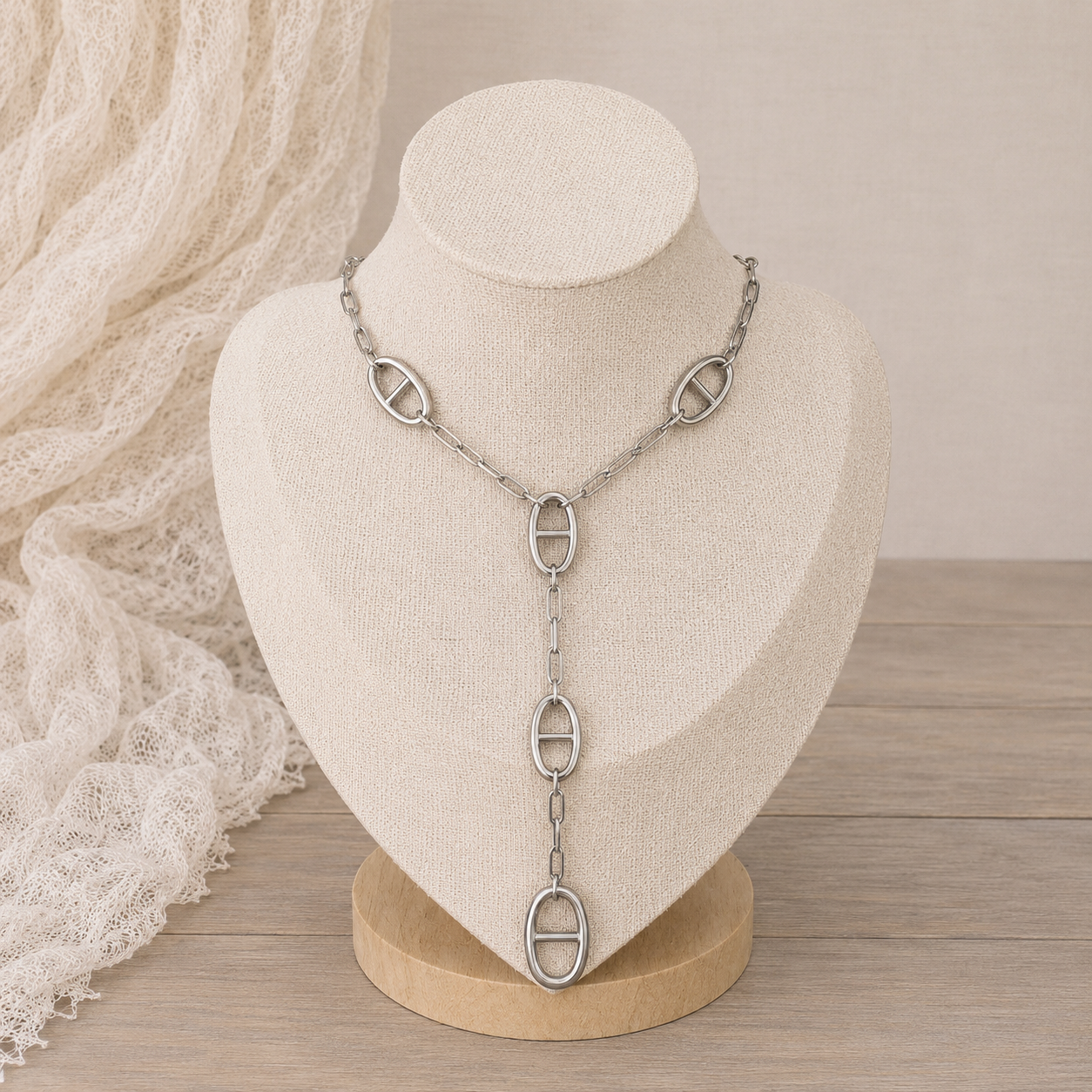 Collier Y maille marine argenté
