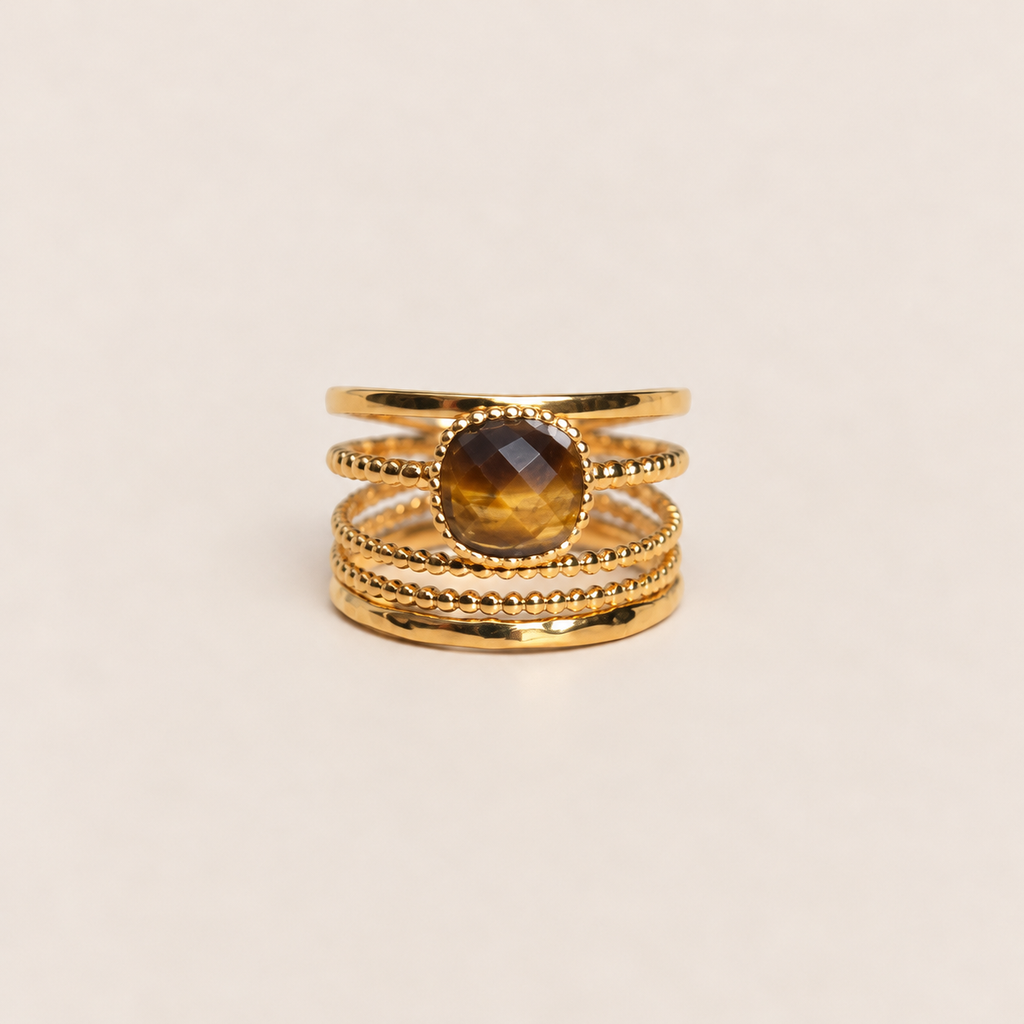 Bague Nina œil de tigre – Bague dorée pierre naturelle ajustable